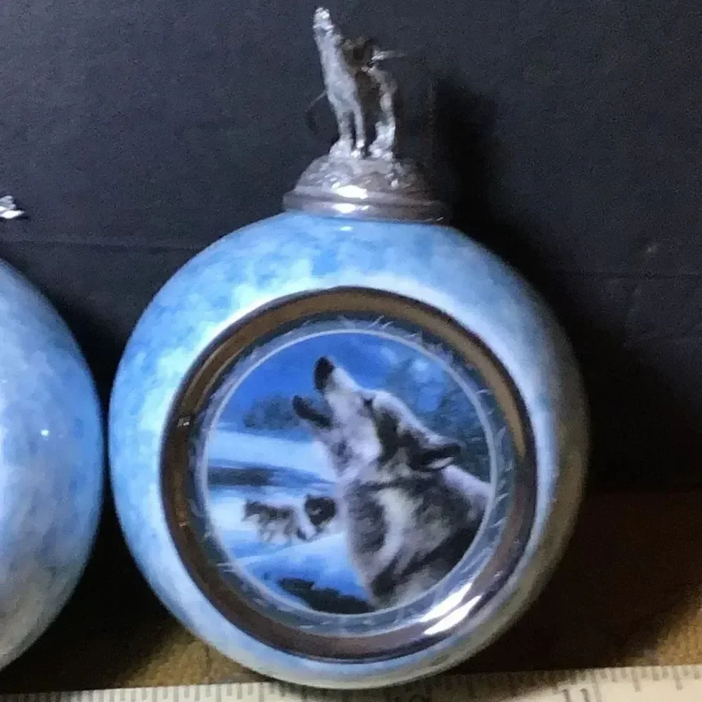 Ornaments Vintage set of four Bradford edition ￼ Porcelain Wolf￼￼ ornaments